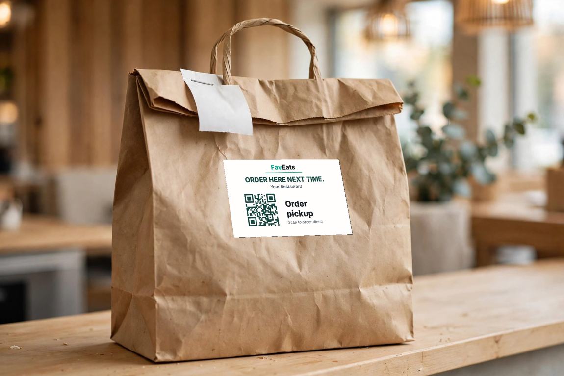 A FavEats QR card attached to the front of a restaurant takeout bag on a pickup counter