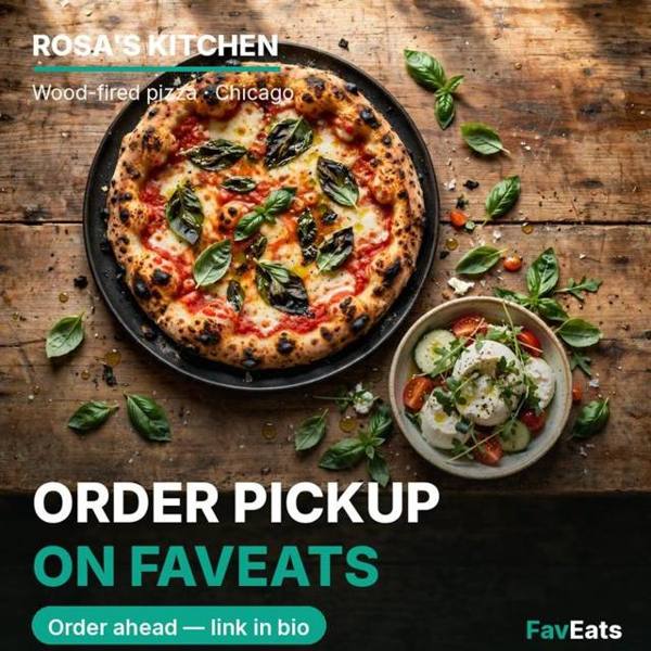 Example FavEats social graphic for a restaurant: ORDER PICKUP ON FAVEATS