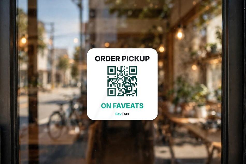 FavEats ORDER PICKUP window sticker on a restaurant glass door